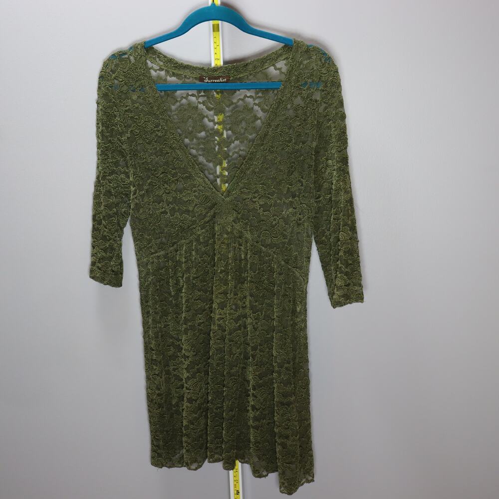 Surrealist Olive Green Sheer Lace‎ 3/4 Sleeve Tunic Dress Size M